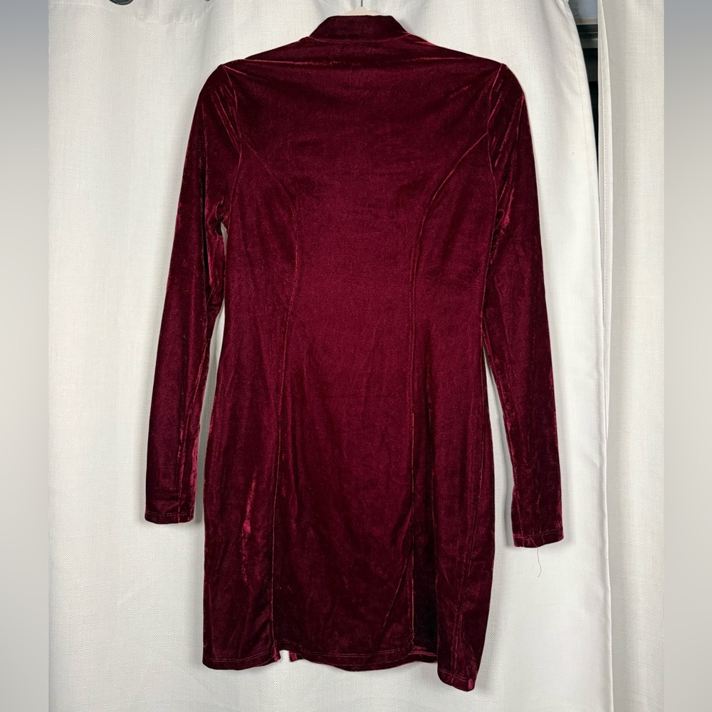 Naked Wardrobe Maroon Burgundy Velvet Long Sleeve Mini Dress Small - Picture 4 of 8